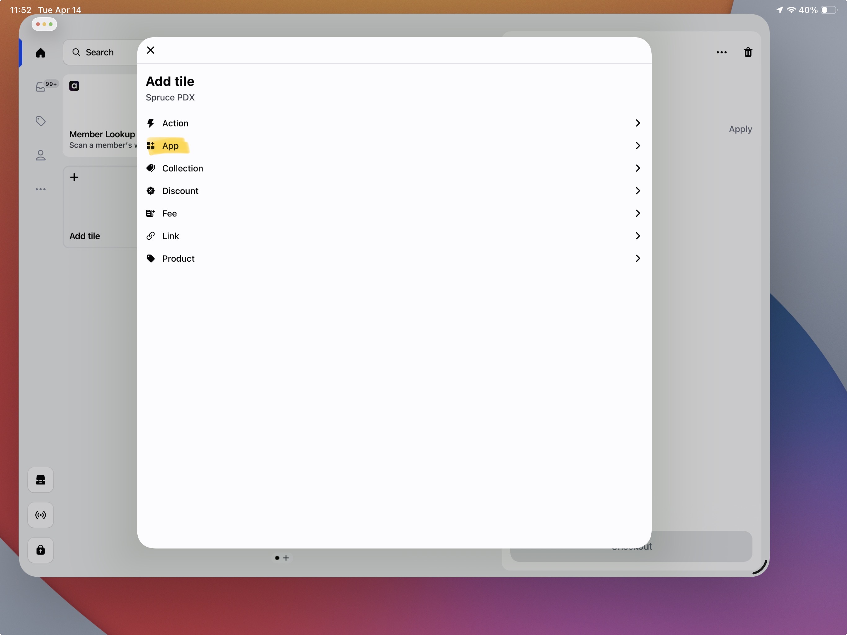 Choose App in the Add tile menu