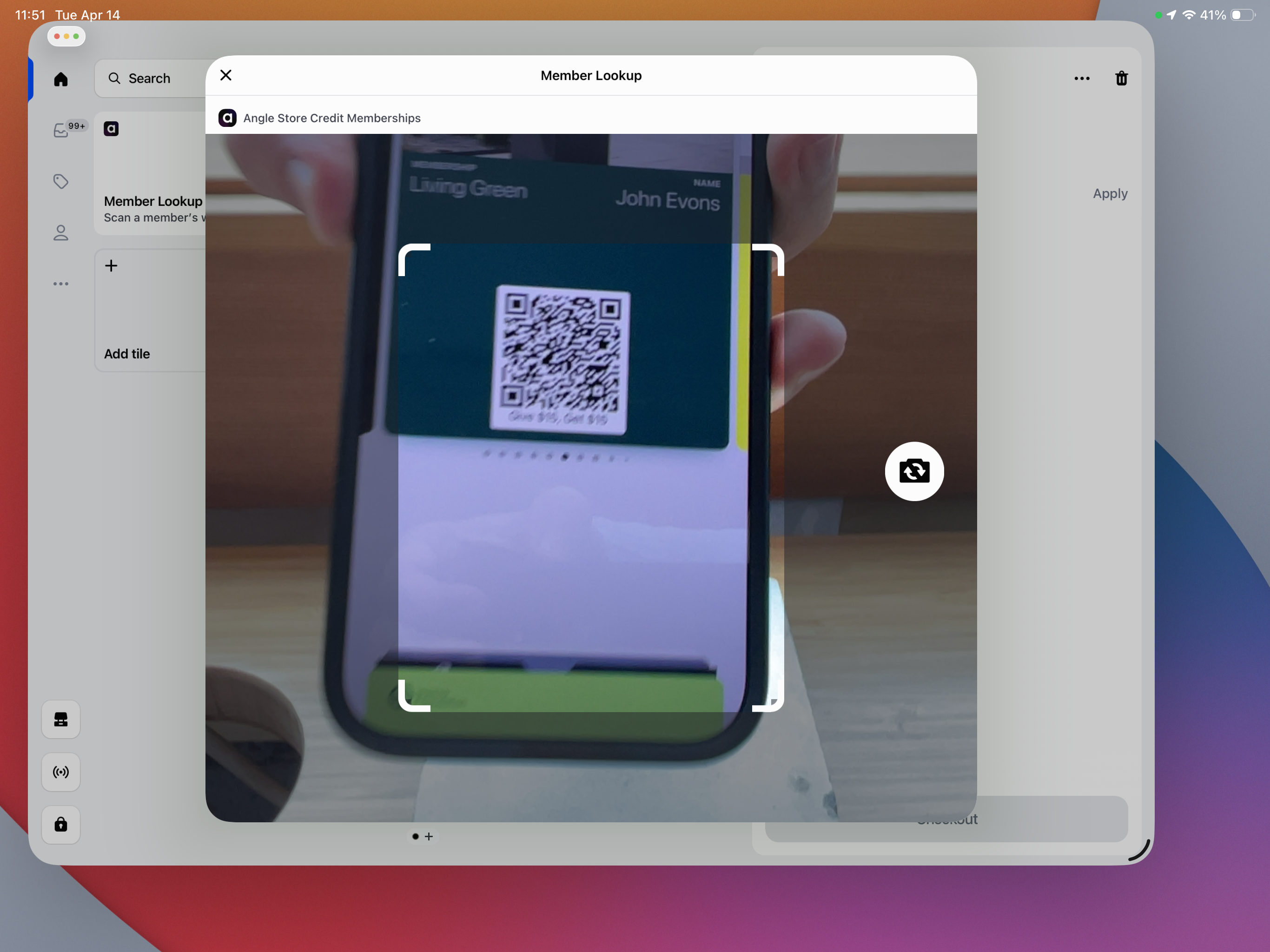 Scanning a customer's wallet pass QR code from the Member Lookup tile